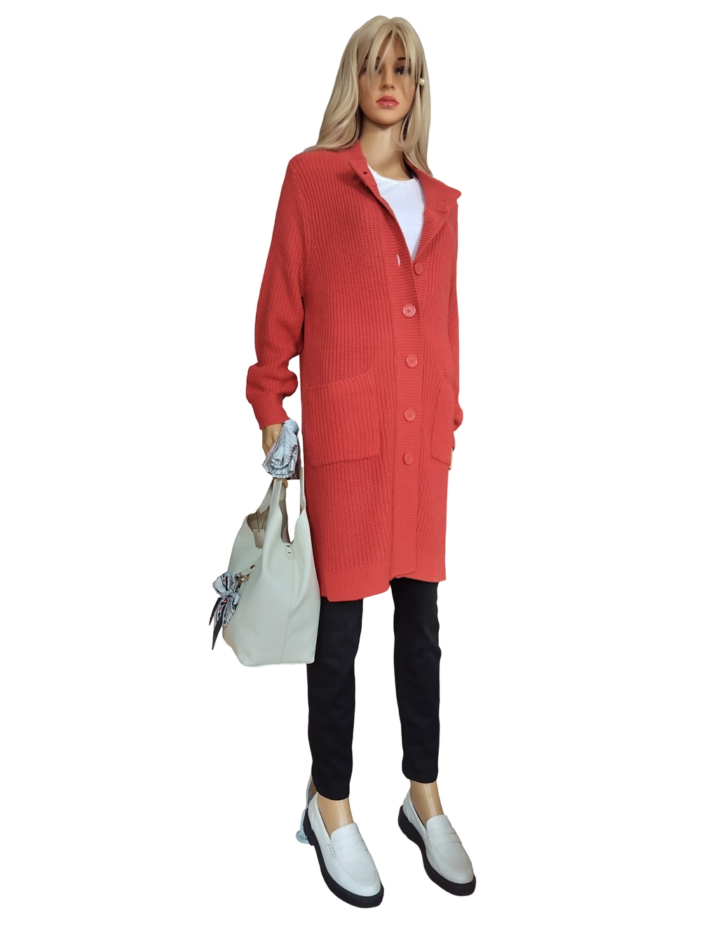 Women's Coral Longline Button Cardigan Coat Size M - Picture 2 of 8